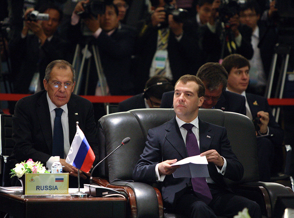 Russian President Dmitry Medvedev (right) at the Second ASEAN – Russia Summit. On his left is  Russian Foreign Minister Sergei Lavrov.