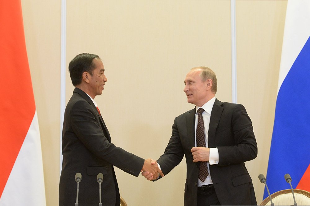Vladimir Putin and President of Indonesia Joko Widodo make press statement